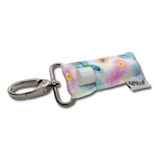 Load image into Gallery viewer, Peacock Feathers on White LippyClip® Lip Balm Holder
